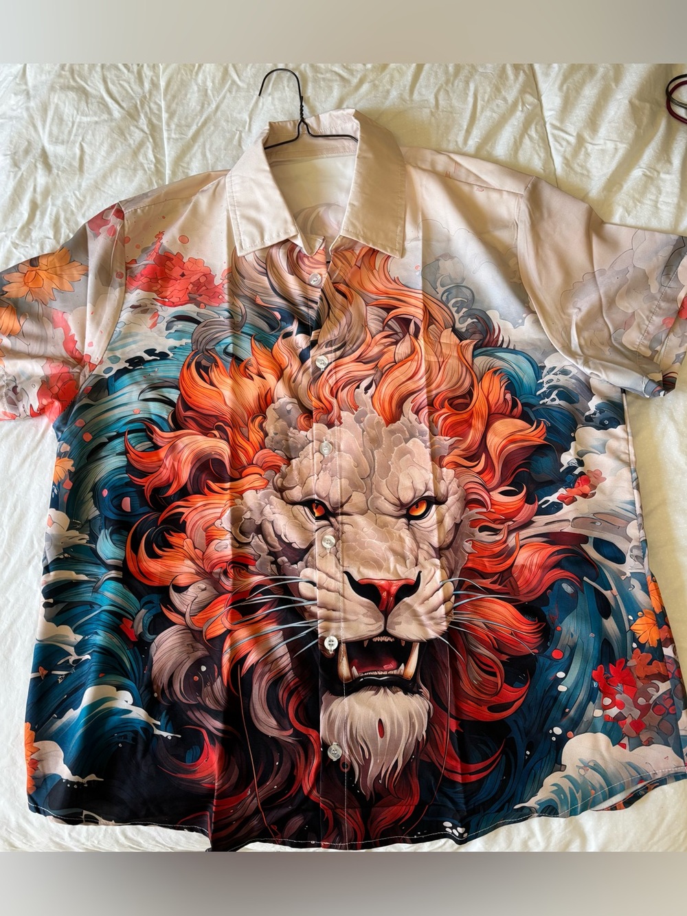 Men's Graphic Button-Up Shirt - Vibrant Red & Blue Lion Print